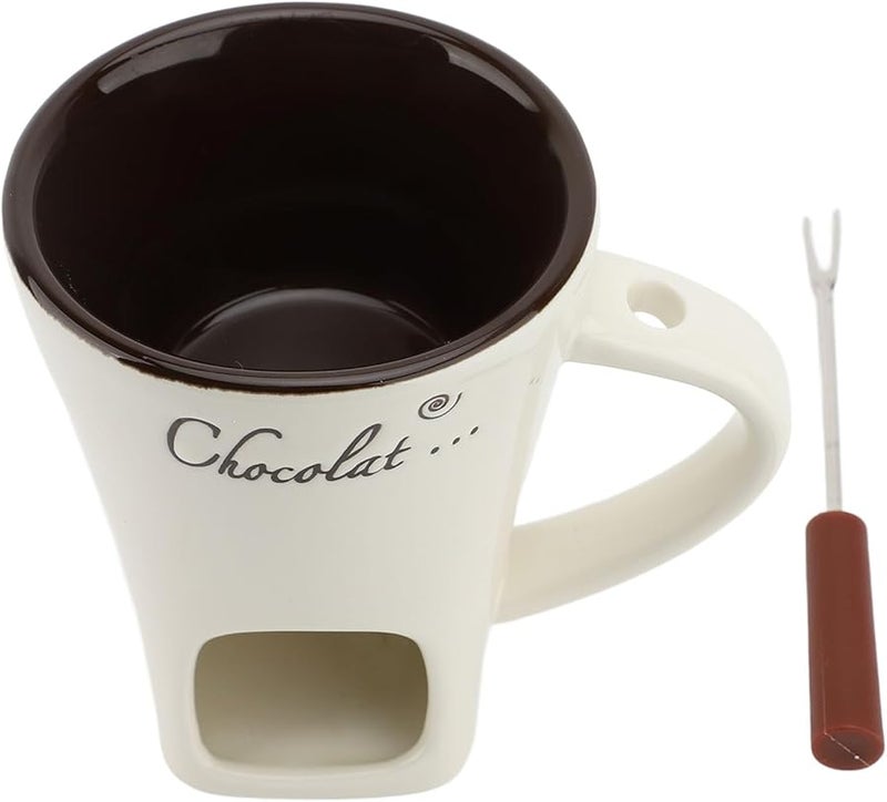 White Ceramic Fondue Mug For Melting Chocolate Cheese Butter With Fork - Image 1